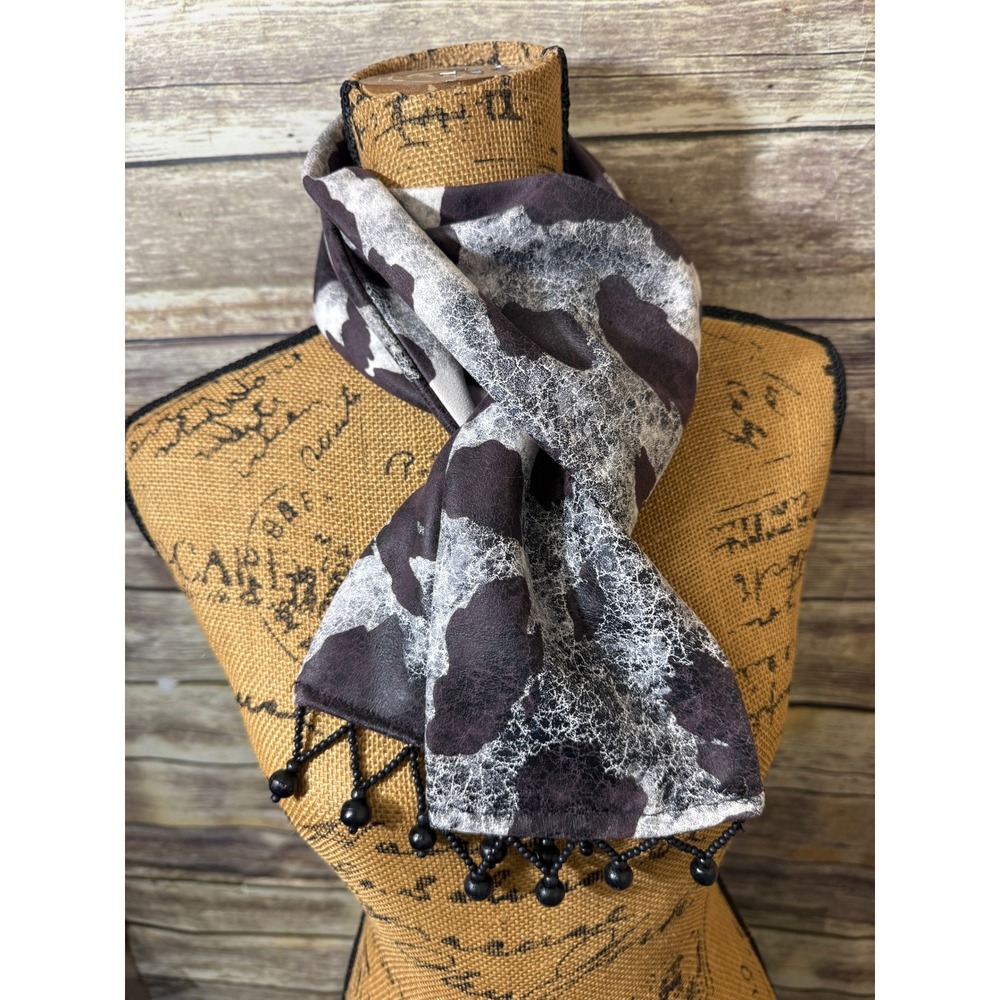 Cow Print Skinny Scarf Black White Animal Pattern Beaded Fringe Western Boho